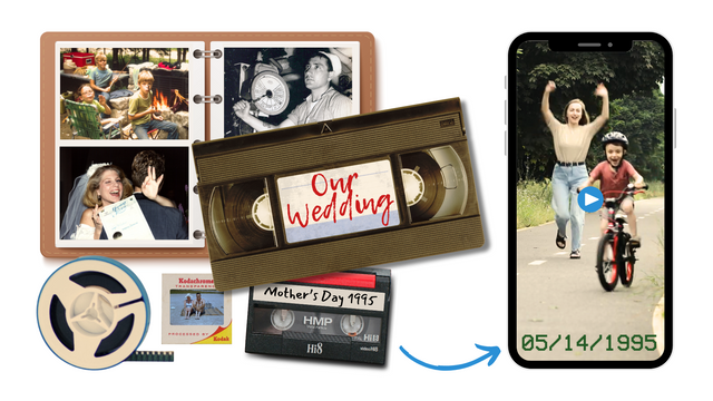 Cassette tapes, film reels, and photo slides being digitized