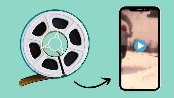 Vintage 8mm film reel with an arrow pointing to a smartphone displaying a video.