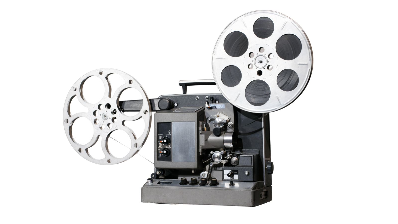 Vintage 16mm film projector playing a movie reel