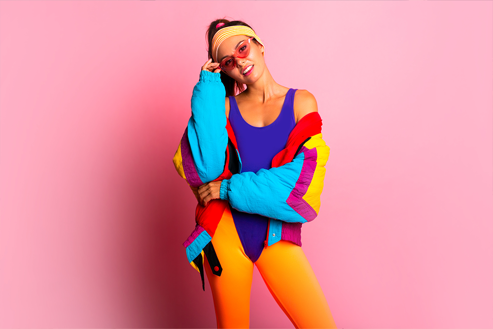 Attractive sporty girls in 80s style containing sport, activity, and  colorful
