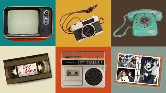 Nostalgia Triggers: Old TV, Film Camera, Rotary Dial Phone, VHS Tape, Boom Box, and Photo Album