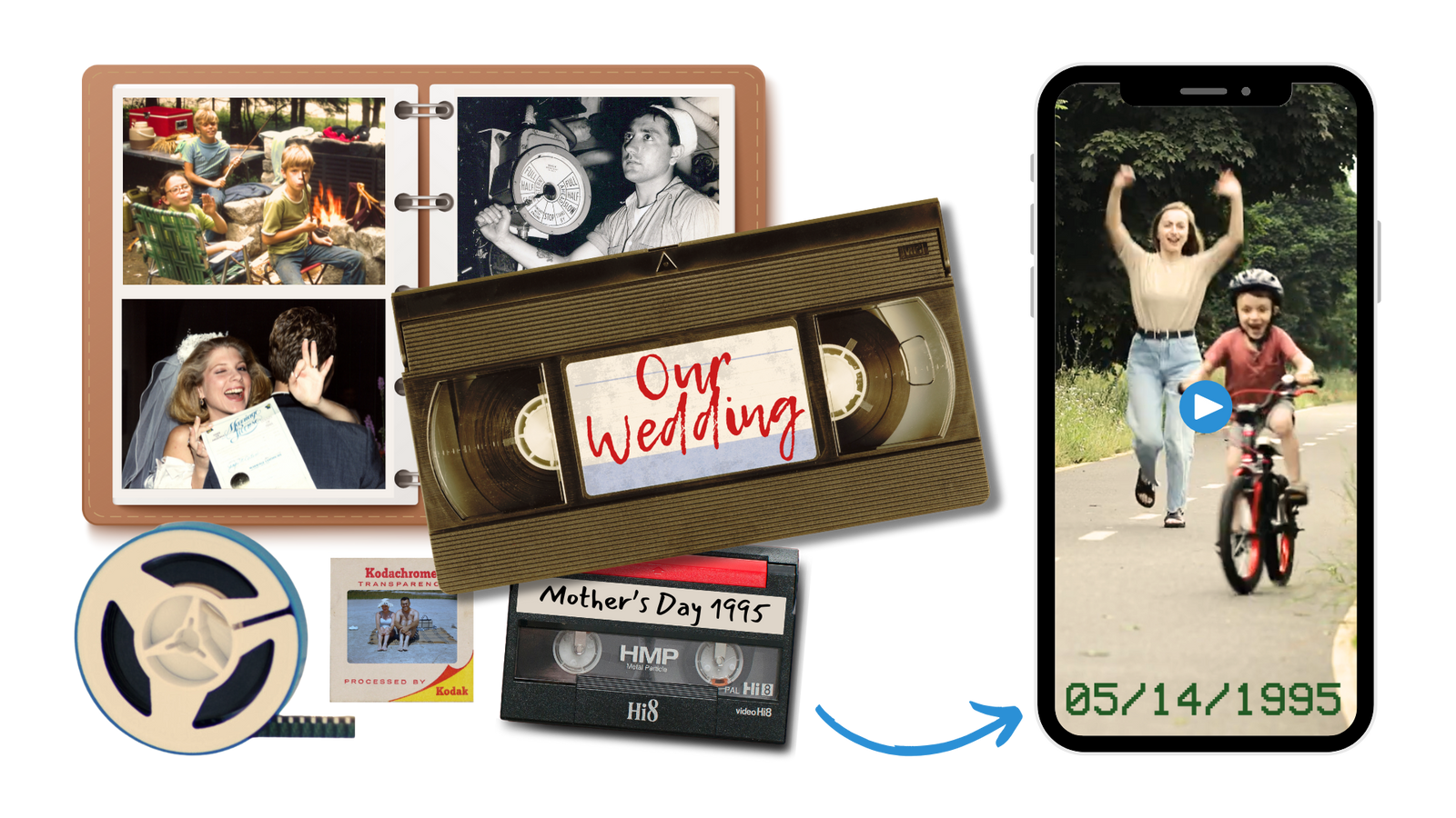Old VHS tape and mobile device showing digital conversion
