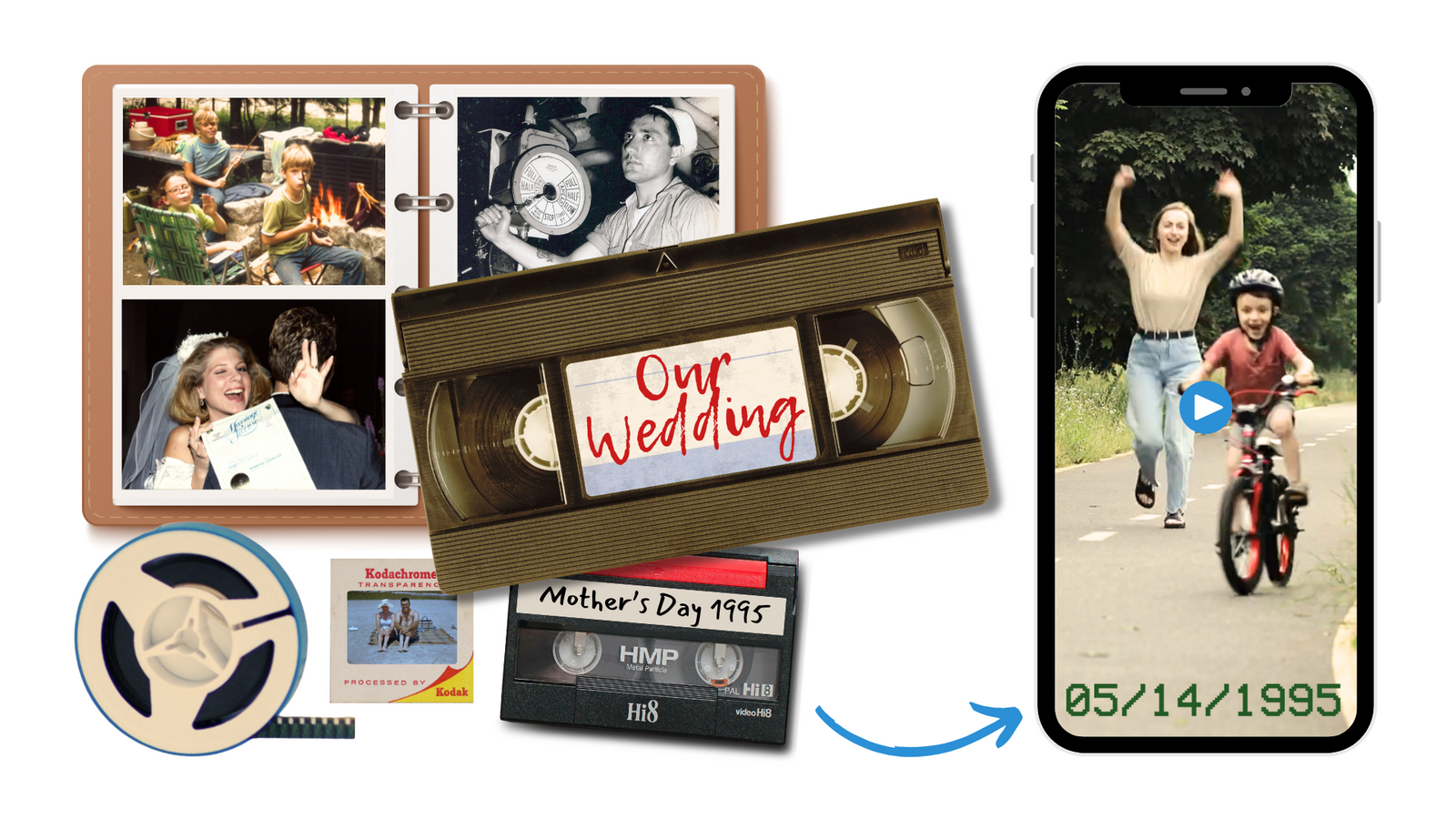 Cassette tapes, film reels, and photo slides being digitized