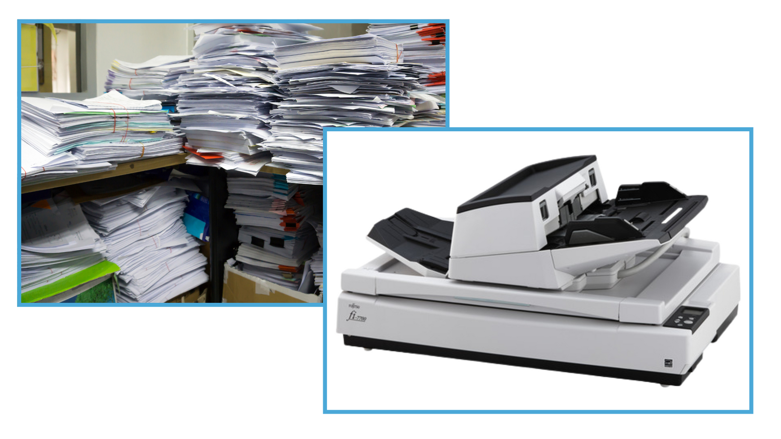 A large stack of papers being processed through a high-speed document scanner