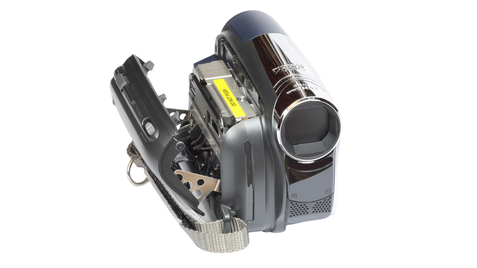 MiniDV camcorder with flip-out screen and tape compartment