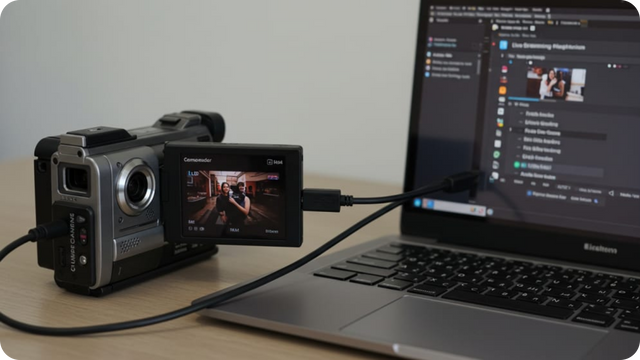 Mini DV camcorder connected to computer for video transfer