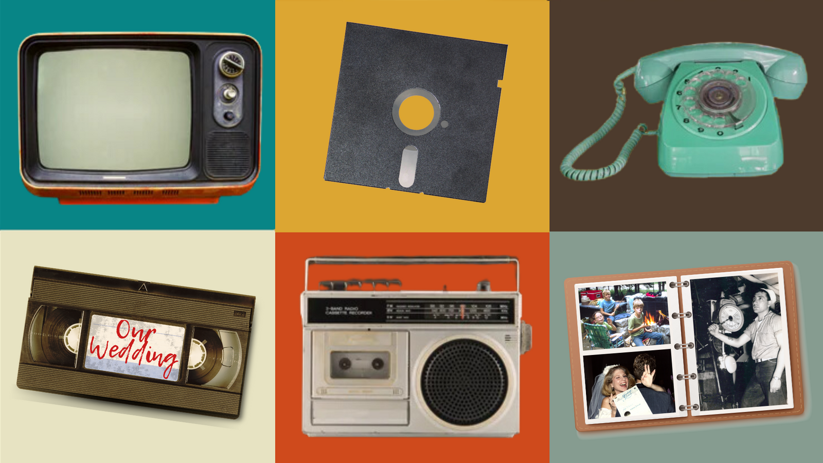 Nostalgia VHS tapes, floppy disks, and cassette player from the 80s