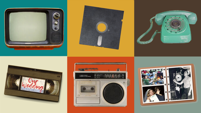 Nostalgia VHS tapes, floppy disks, and cassette player from the 80s
