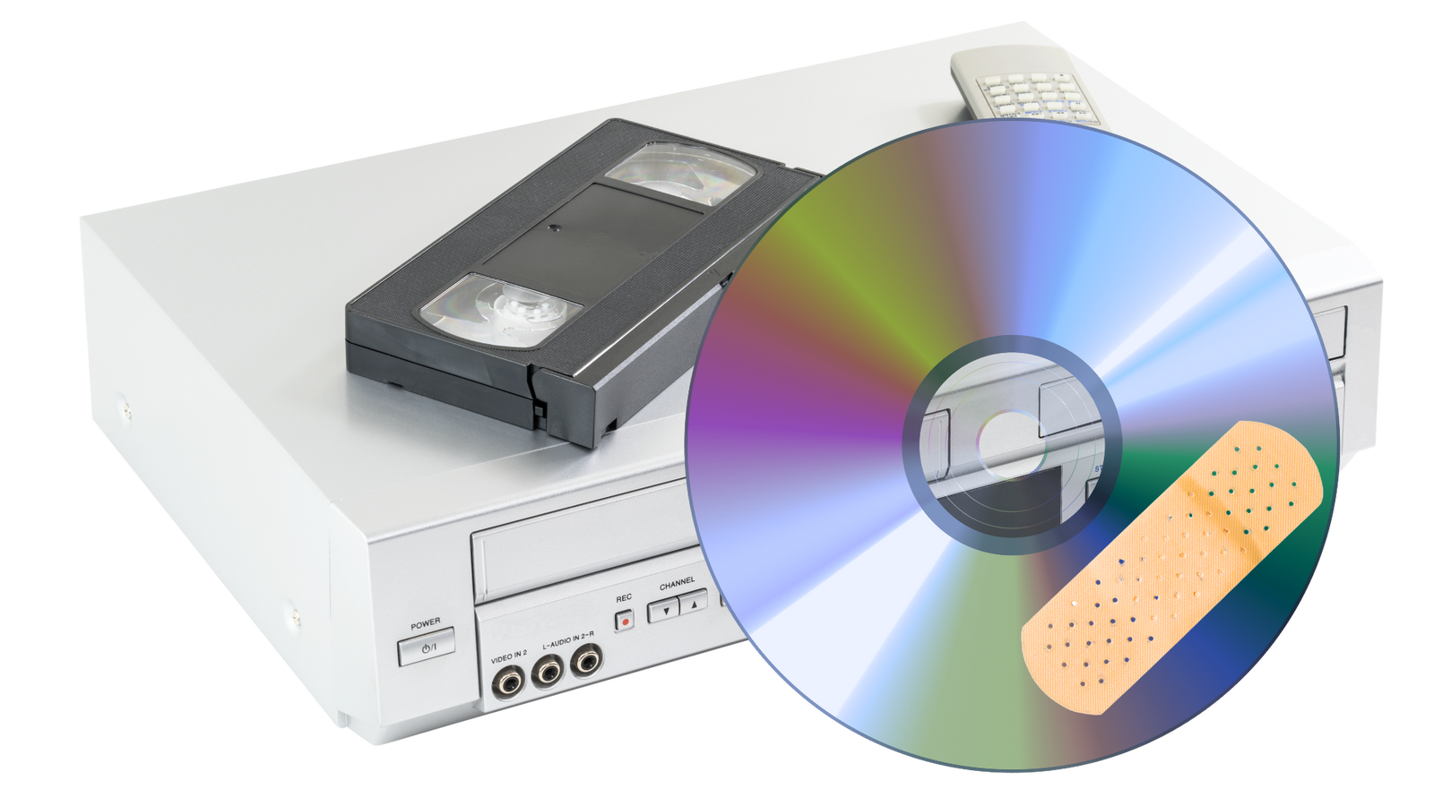 Old VCR with VHS Tape and Scratched DVD Showing Need for Digital Conversion