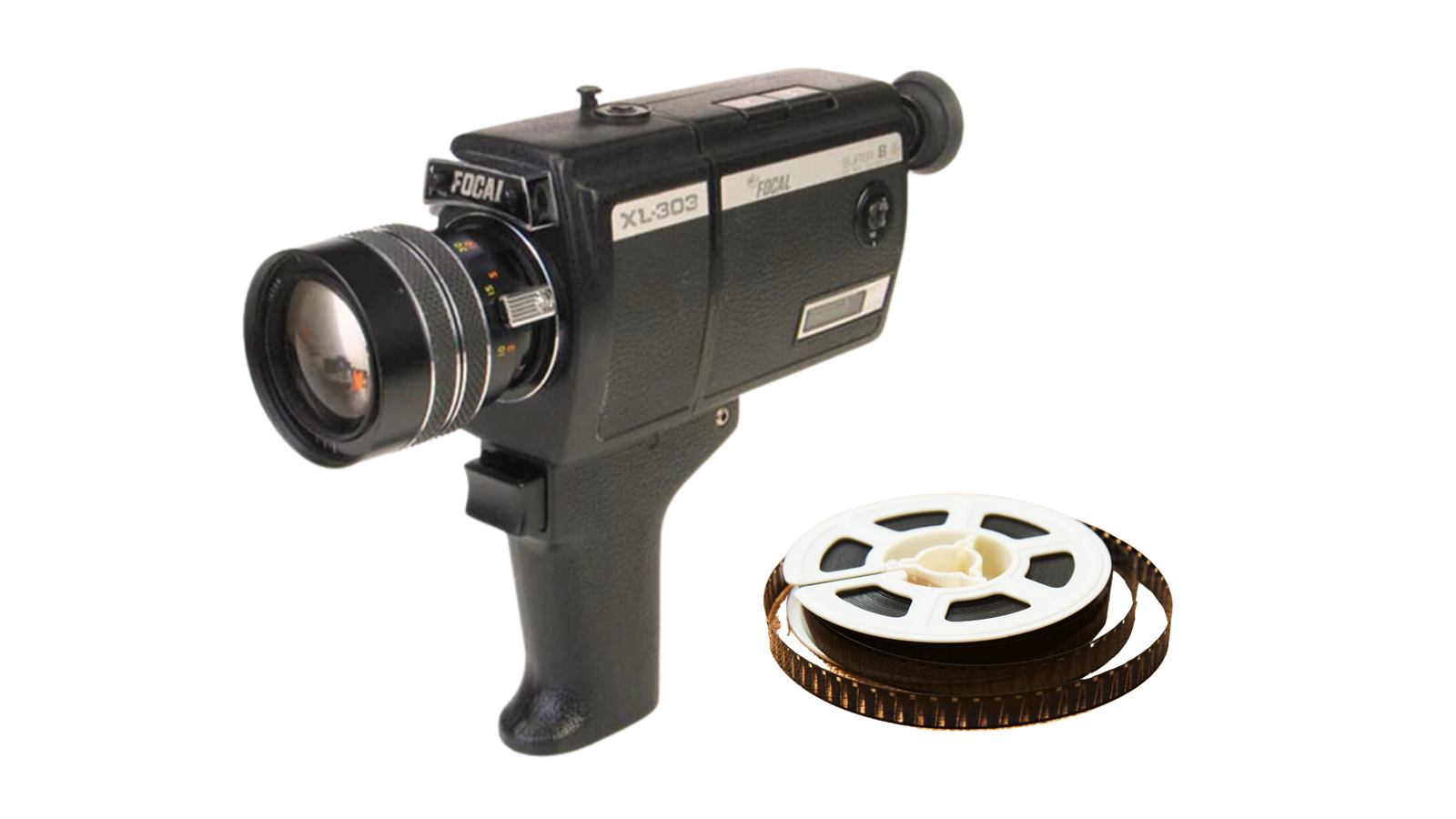 Super 8 camera and 8mm film reel ready for digitization