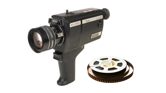Super 8 camera and 8mm film reel ready for digitization