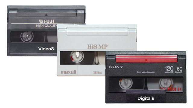 Close up of 8mm video cassette tapes