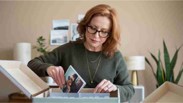 woman decluttering storage box with old photos and tapes