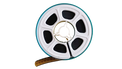 8mm film reel with a small amount of film exposed on a white background