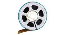 8mm film reel with a small amount of film exposed on a white background