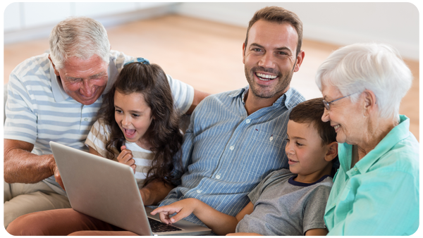 Family enjoying memories digitized from an Heirloom gift card
