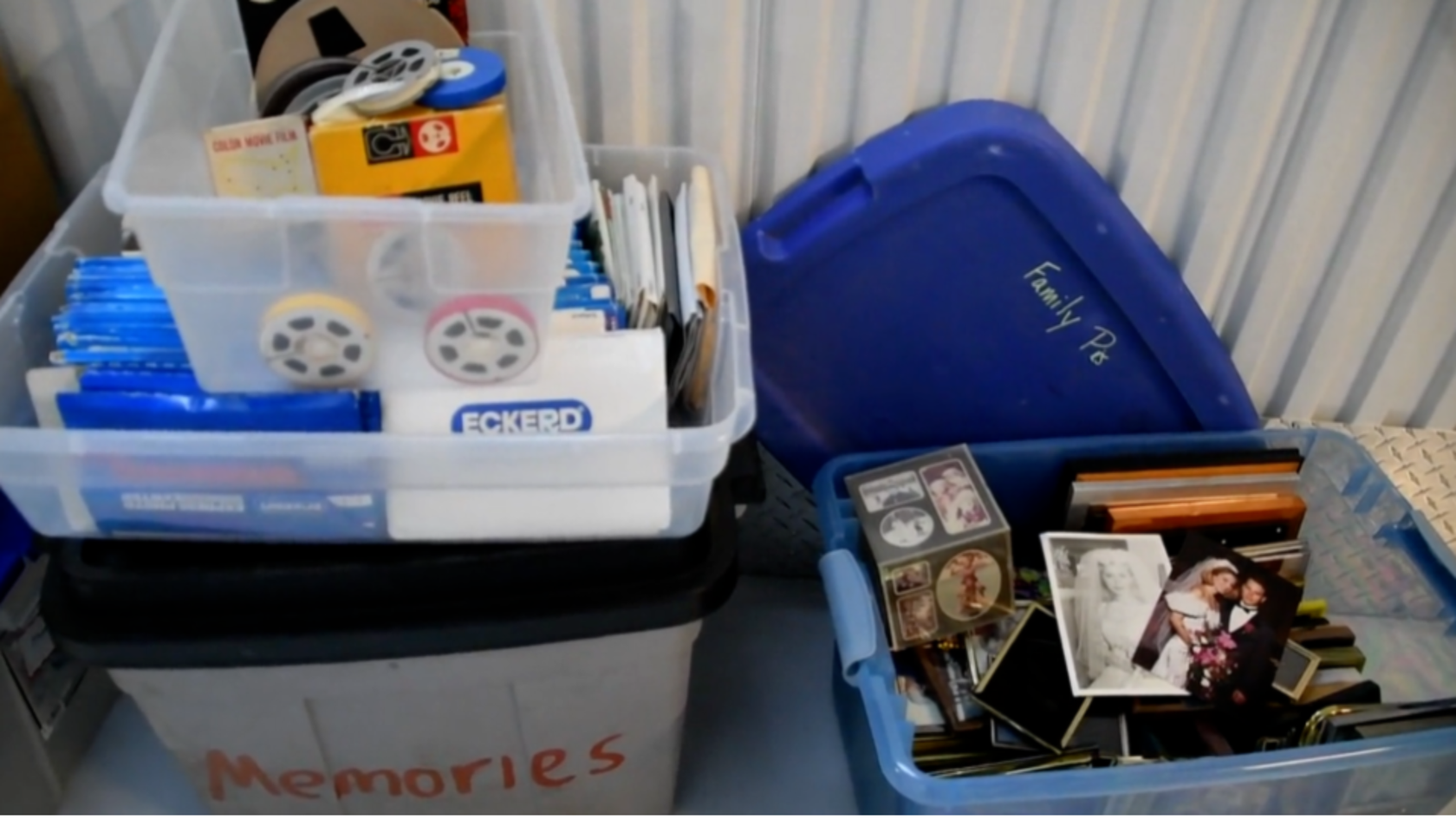 Boxes of Film Reels, Photos, Cassette Tapes, Photo Albums, Slides, and Negatives at Storage Unit Ready for Digitizing