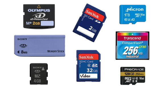 Memory cards by SanDisk, Sony, Transcend, Olympus, and Micron