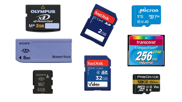 San Disk SD card, Sony Memory Stick, Transcend Compact Flash, Olympus XD Picture Card, 1TB Micron MicroSD