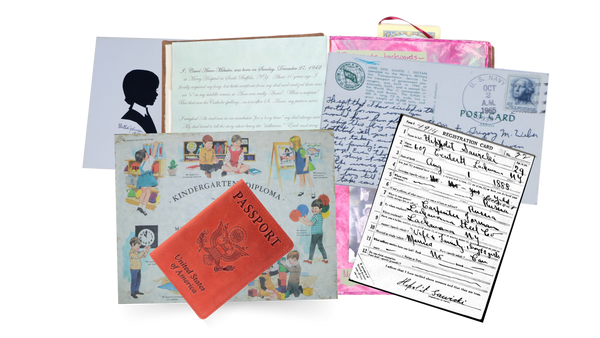 Birth Certificate, Diploma, Passport, Postcard, and Other Scrapbook Items