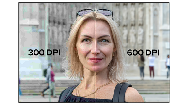 Split Photograph of Woman Showing the Difference Between 300DPI and 600DPI